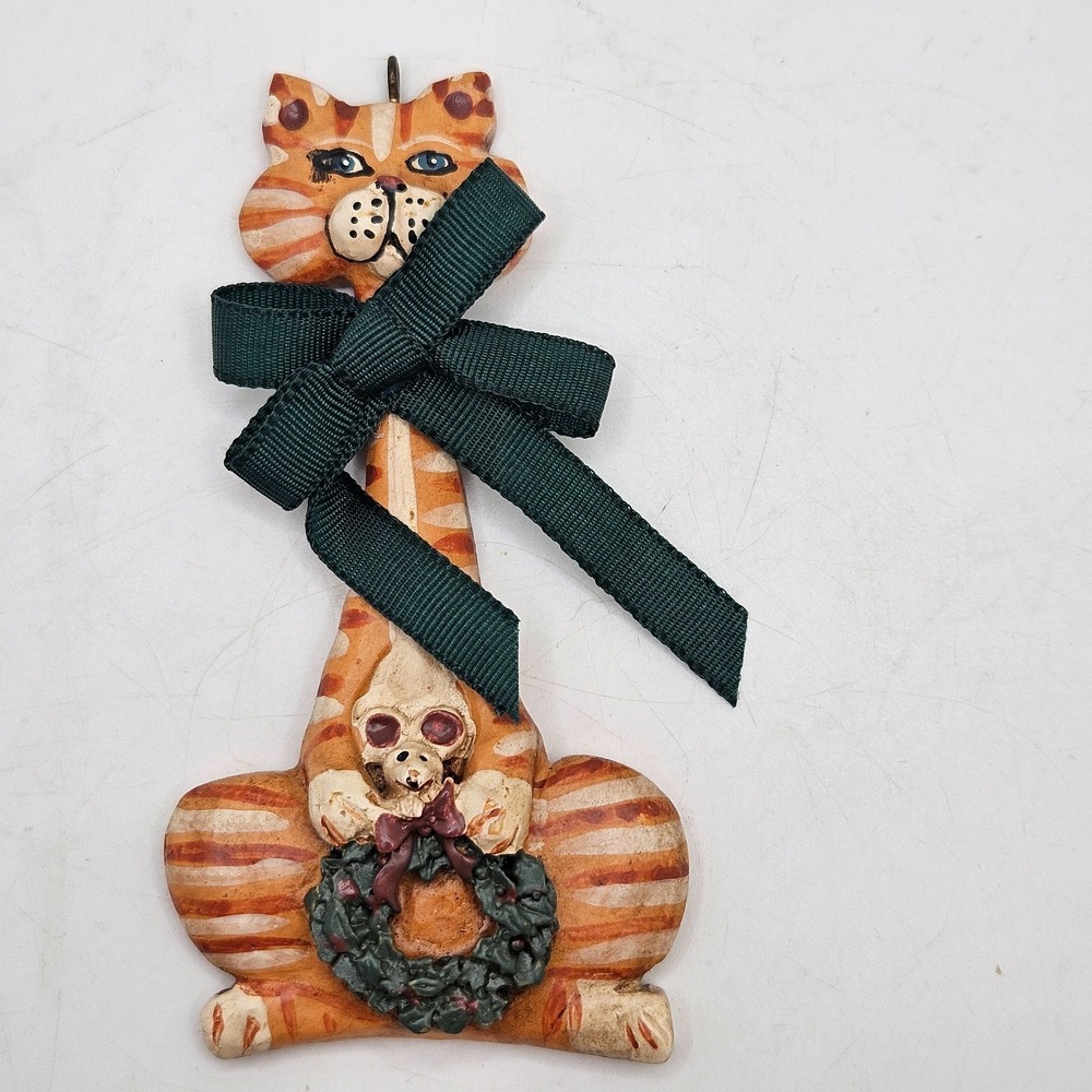 Vintage Kurt S. Adler Orange Tabby Cat Christmas Ornament Wreath Wood Ribbon